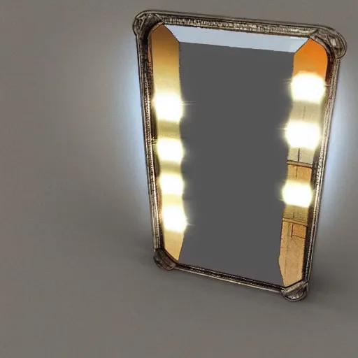 Image similar to a mirror but in the reflection is a fantasy world, dynamic lighting, photorealistic, ambient lighting