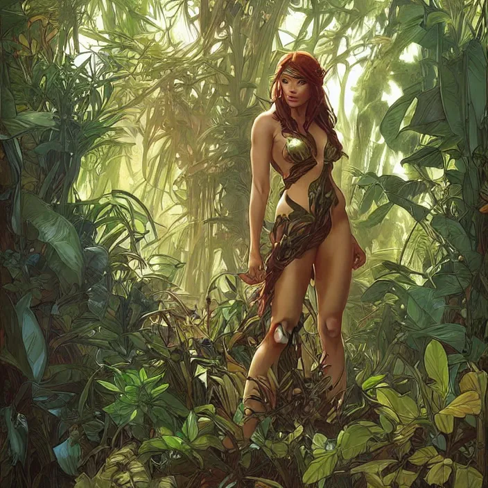 Prompt: leona in a jungle by artgerm, greg rutkowski, alphonse mucha