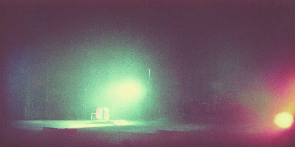 Prompt: analog polaroid of an abandoned stage, smoke coming from the floor, colourful strobe lights, color bleed, lens flare