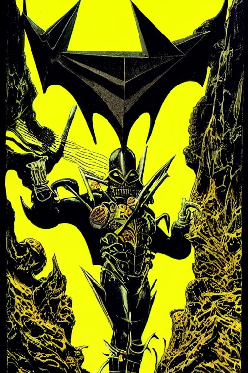 Prompt: black and yellow technicolor color risoprint, richard corben, wayne barlowe, moebius, heavy metal comic cover art, psychedelic triangular lich in heavy shoulders armor, very intricate, thick outline, full body, symmetrical face, long black crown, in a shapes background, galactic dark colors