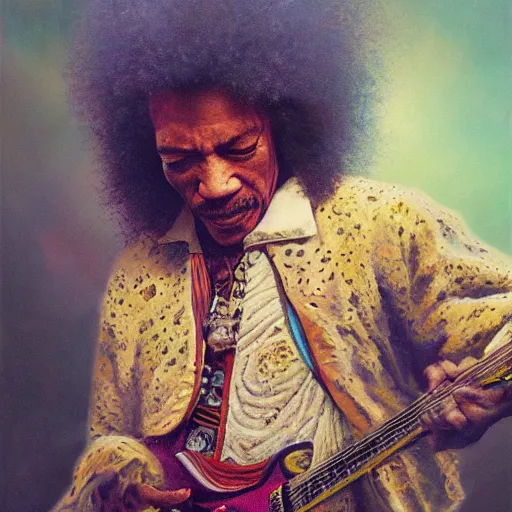 Image similar to UHD tonalism painting of an elderly, old Jimmy Hendrix, by Antonio Caparo and Ferdinand Knab and Greg Rutkowski, UHD, photorealistic, trending on artstation, trending on deviantart