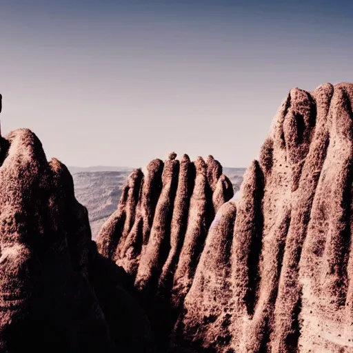 Image similar to an epic landscape, rock formation that looks like a woman, cinematic light, long shadows,