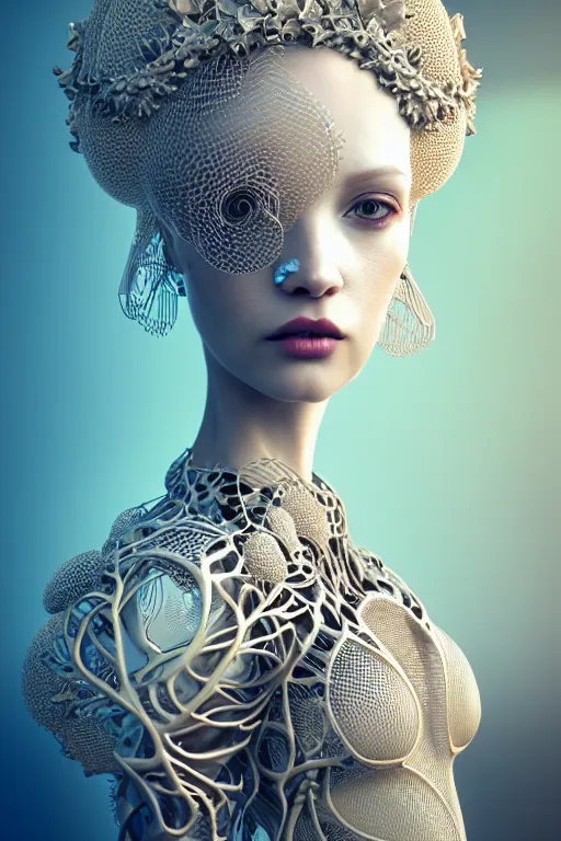 Image similar to complex 3 d render, hyper detailed ultrasharp beautiful biomechanical mandelbrot fractal steampunk filigree mesh wire female cyborg portrait with a porcelain profile face, albino afro, elegant crown with big hydrangea foliage leaves stems roots, alexander mcqueen haute couture, art nouveau fashion, octane render, 8 k