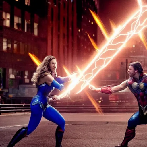 Prompt: thor and wonder woman in new york, fighting against villain electro, cinematic movie scene, epic fight, blue lightning, yellow lightning, photo, effects shot