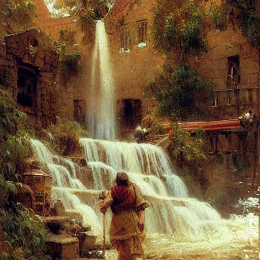 Image similar to waterfall flooding an entire village. victorian age. highly detailed painting by gaston bussiere, craig mullins, j. c. leyendecker