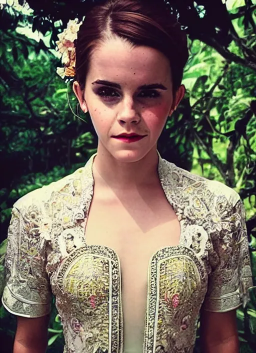 Prompt: emma watson wearing traditional kebaya bali in bali. iconic place in bali. front view. instagram holiday photo shoot, perfect faces