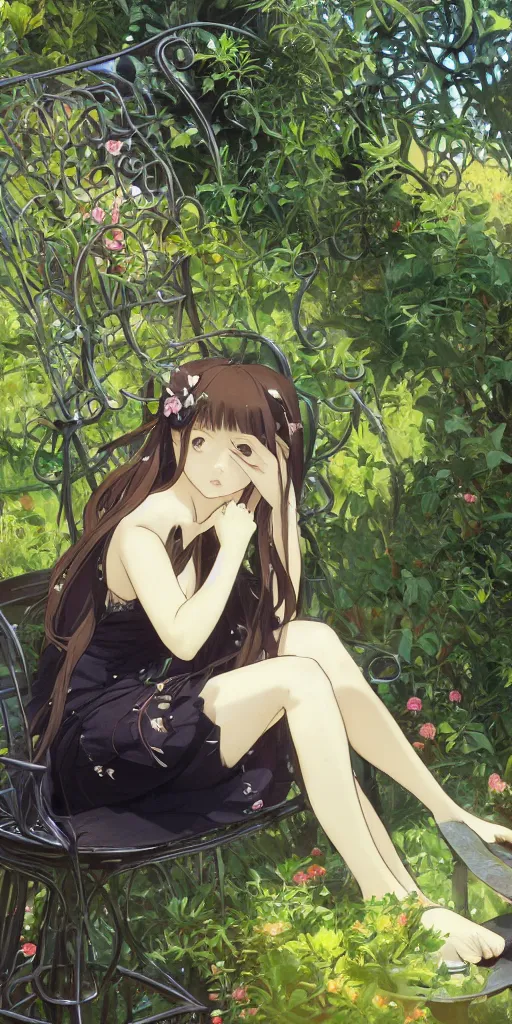 Prompt: a close up of a loli with long hair in a black dress sitting on a metal garden chair in the privet garden at afternoon, green and warm theme, back lighting, by krenz cushart and mucha and akihito yoshida and greg rutkowski and makoto shinkai and studio ghibli, detailed eyes, 4 k resolution, trending on art station