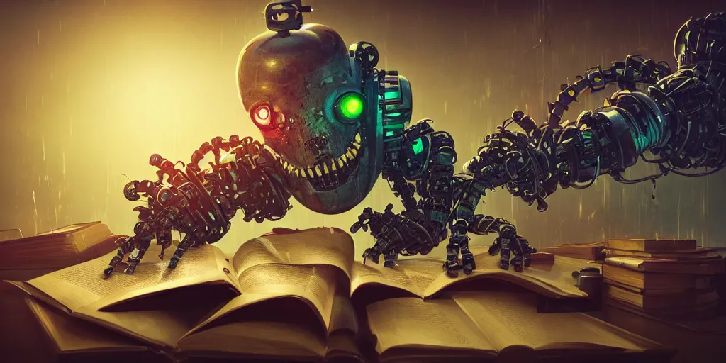 Image similar to A frightening multi armed evil robot devouring books with pipes and tubes and pages floating down, hyperealistic very colourful hdr cinematic lighting cgi render photorealistic cinematic octane render