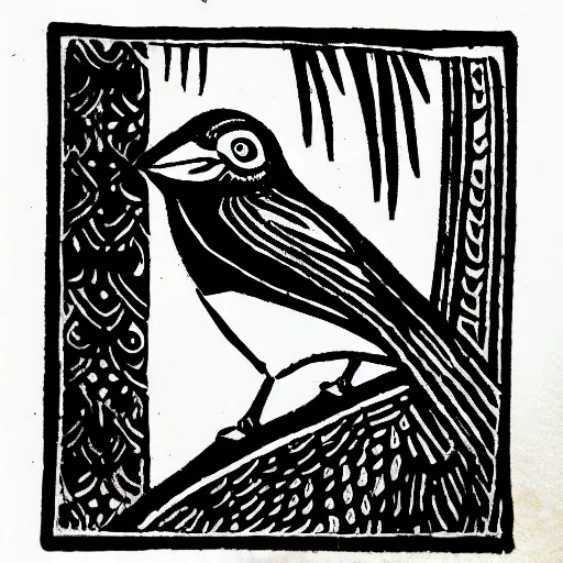 Image similar to block print bird in the style of slippery jack, black ink on white paper