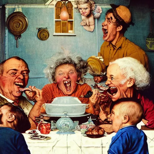 Image similar to hyper realistic hight detailed grandmother with a big mouth eating babies and william blake on the table in the russian kitchen, by norman rockwell, bright colors, 4 k, 1 6 k, 3 2 k, photorealistic, cartoon style