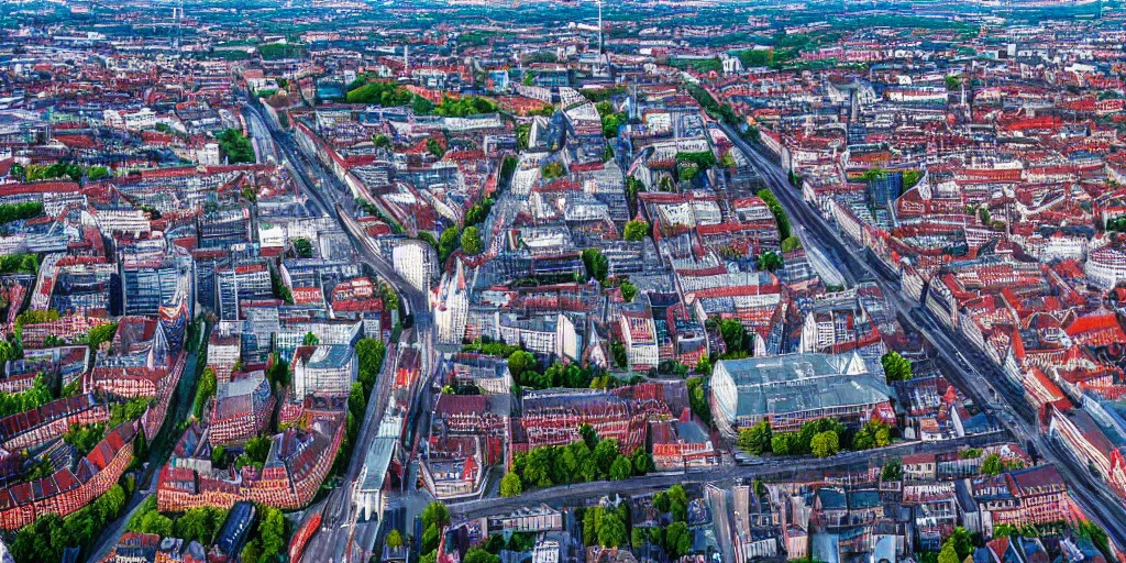 Image similar to drone view of a german city Berlin with a large road through, Brutalist architecture,sharp focus,telephoto lens,3D digital art 4k