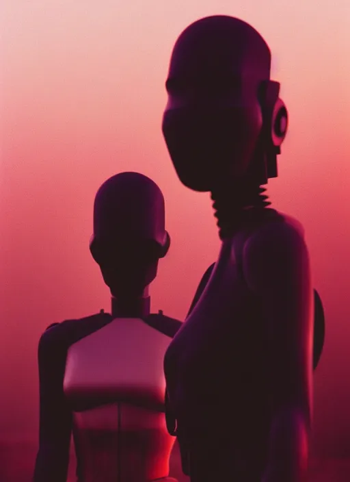 Prompt: cinestill 5 0 d photographic portrait of two loving female androids wearing rugged black cutout waist techwear on a desolate plain with a red sky, extreme closeup, modern cyberpunk, dust storm, 8 k, hd, high resolution, 3 5 mm, f / 3 2, ultra realistic faces, ex machina, blade runner