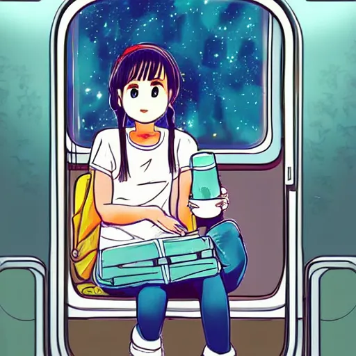 Prompt: girl sitting on a subway train eating cup noodles, the interior of the train is decorated like a teenager's room, galaxies are seen from the train window, anime, digital art, still film