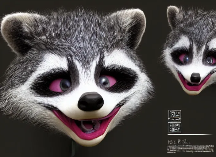 Image similar to award - winning detailed concept art of a creepy animatronic puppet anthropomorphic raccoon character wearing clown makeup. art by wlop on bcy. net, realistic. detailed fur, art by cheng yi. artstationhd, artgerm, 3 dcg, pixar zootopia. 3 d rendering, high quality model sheet, disney. model sheet detailed