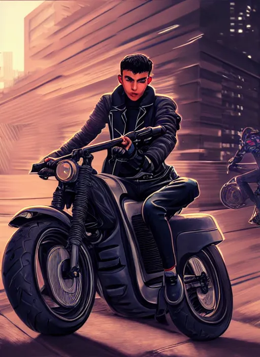 Image similar to photo of cyberpunk male teenager riding on a motorcyle in the style of stefan kostic, realistic, sharp focus, 8 k high definition, insanely detailed, intricate, elegant, art by stanley lau and artgerm