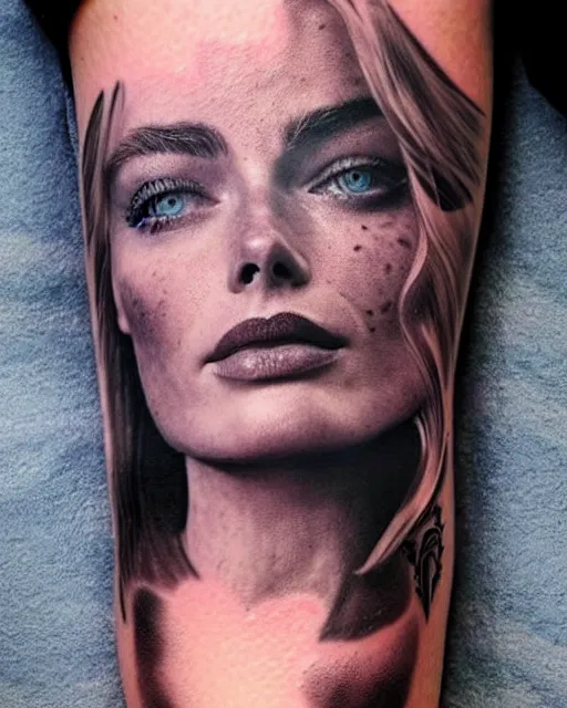 Prompt: creative double exposure effect tattoo design sketch of margot robbie face faded in beautiful mountain scenery, realism tattoo, in the style of matteo pasqualin, amazing detail, sharp