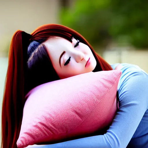 Image similar to cute anime girl hugging a pillow, official media