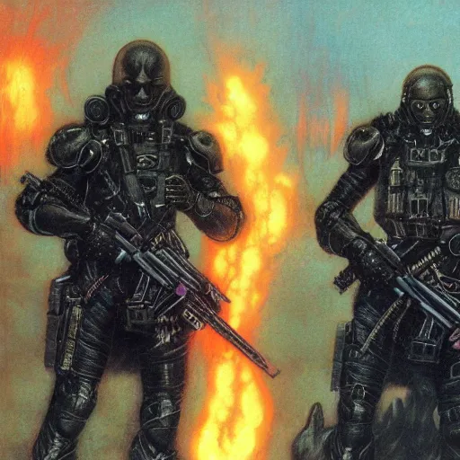 Prompt: tactical team in hell, by wayne barlowe