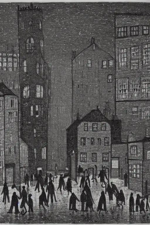 Prompt: a busy street at Christmas Eve drawn by LS Lowry