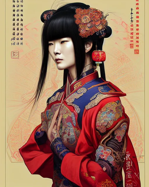 Image similar to portrait of a chinese cyberpunk machine, machine face, upper half portrait, decorated with chinese opera motifs, regal, asian, fine china, wuxia, traditional chinese art intricate intense elegant 京 剧 highly detailed digital painting artstation concept art smooth sharp focus illustration, art by artgerm and greg rutkowski alphonse mucha 8 k