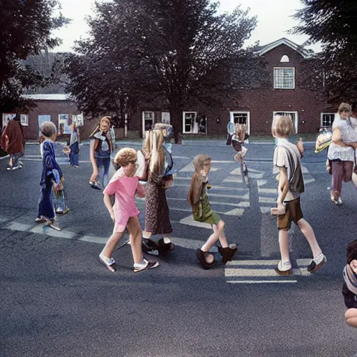 Prompt: photorealistic first day of school, sunny day, kids arriving to school, highly detailed, by Gregory Crewdson