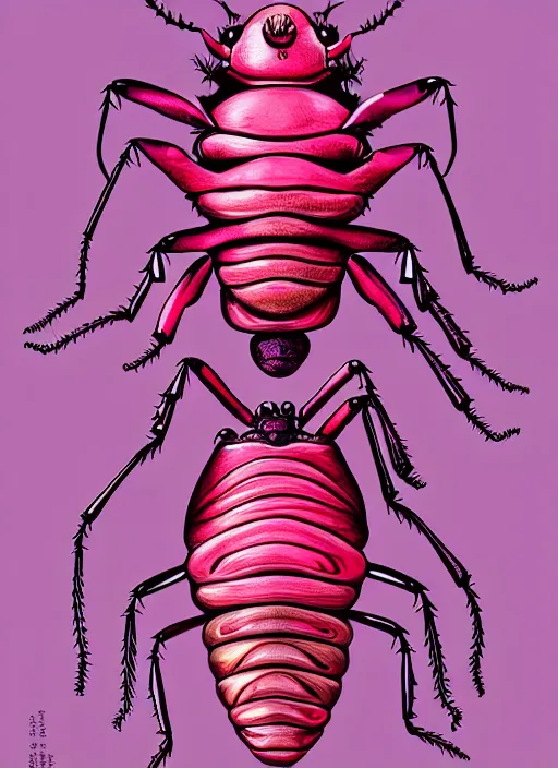 Image similar to caricature picture of a human beetle, pink insects, professionally color graded, interesting angle, sharp focus, 8 k high definition, insanely detailed, intricate, funny, art by jacob shaw and studio ghibli