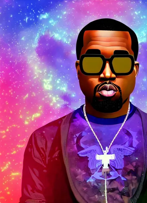 Prompt: portrait of ted cruz sunglasses stars in the sky fairies with detailed faces enchanted forest on the ground psychedelic wide angle shot white background vector art illustration gears of war cell shaded illustration gta 5 artwork of kanye west, in the style of gta 5 loading screen, by stephen bliss by hieronymus bosch and frank frazetta