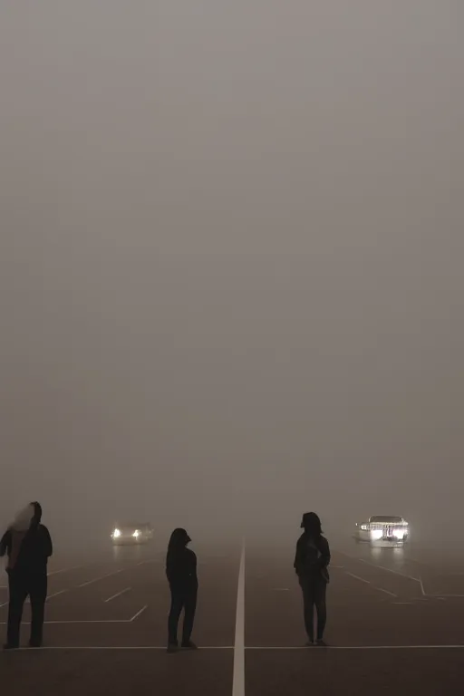 Image similar to empty parking lot, foggy, silhouettes of people floating in sky