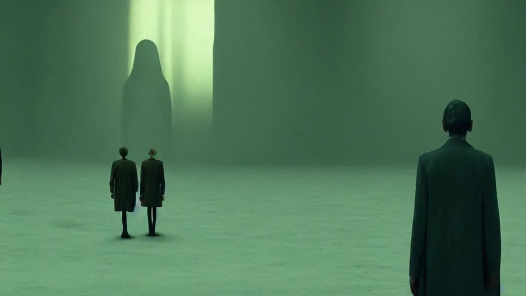 Image similar to the strange creature from my eye, we ait in line at the bank, film still from the movie directed by denis villeneuve and david cronenberg with art direction by salvador dali and zdzisław beksinski, wide lens