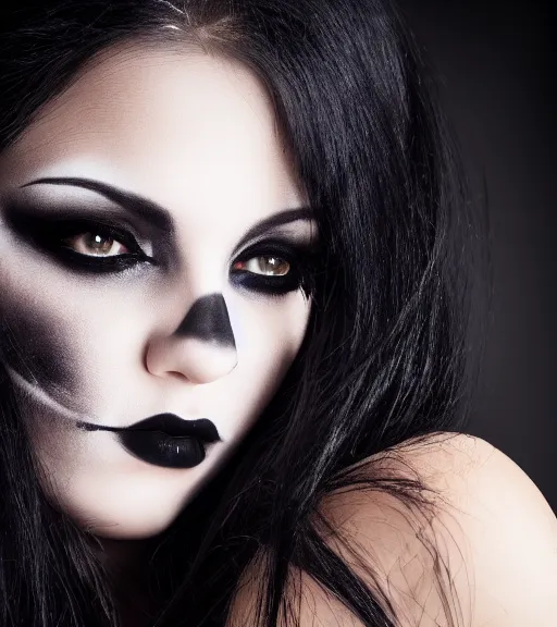 Image similar to close up portrait of a beautiful goth girl wearing heavy black makeup, studio photo, dramatic lighting