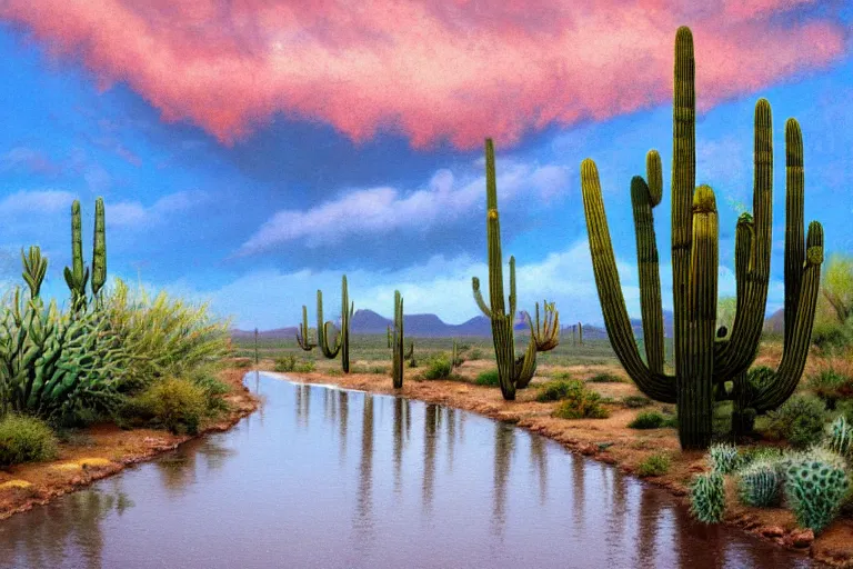 Prompt: a stormy monsoon rainstorm in the arizona desert, the sonoran desert landscape is filled with mesquite trees and creasote bushes, cacti, water puddles, beautiful cloudy deep blue sky, by georgia o'keeffe and thomas kinkade and quentin mabille and geoffroy thoorens, trending on artstation