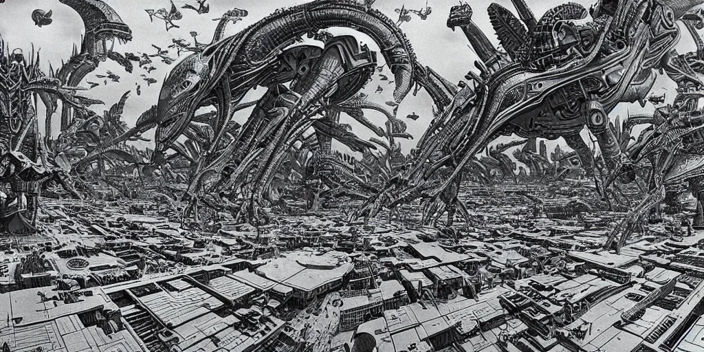 Prompt: wide angle photo view the surface of a alien green planet with many giant bird creatures flying, warrior mecha driod on the surface, cyberpunk art by Moebius, HR giger, mc escher, retrofuturism, matte painting