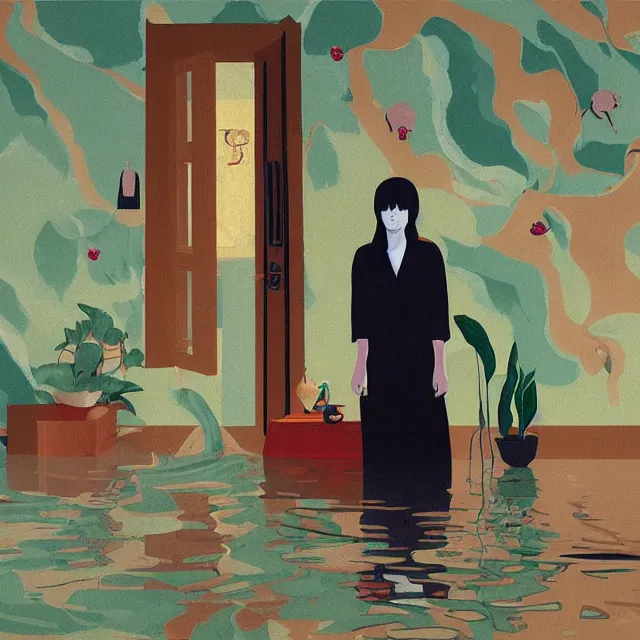 Image similar to tall female emo vegan socialist artist in their flooded apartment, painting of flood waters inside an artist's home, a river flooding indoors, pomegranates, pigs, ikebana, zen, water, octopus, river, rapids, waterfall, black swans, canoe, berries, acrylic on canvas, surrealist, by magritte and monet