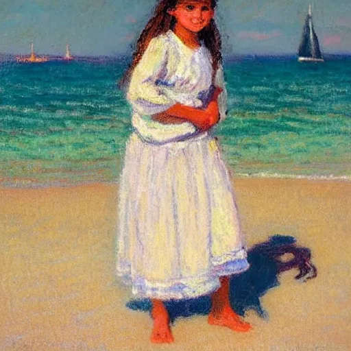 Image similar to by maximilien luce khaki, pastel white composed. the painting of a young girl in a traditional hula outfit. she is standing on a surfboard in front of a beautiful ocean landscape.