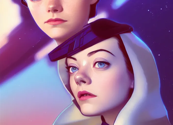 Image similar to a disney film still of emma stone as a star trek officer, finely detailed features, closeup of the face, perfect art, dusk, blue hour, gapmoe yandere grimdark, trending on pixiv fanbox, painted by greg rutkowski, makoto shinkai, takashi takeuchi, alphonse mucha, akihiko yoshida