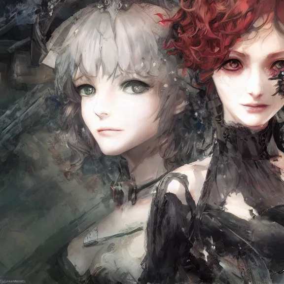 Image similar to christina hendricks!!! goth, tankoban, 4 k, tone mapping, akihiko yoshida, james jean andrei riabovitchev marc simonetti, yoshitaka amano, long hair, curly, h. hydrochaeri