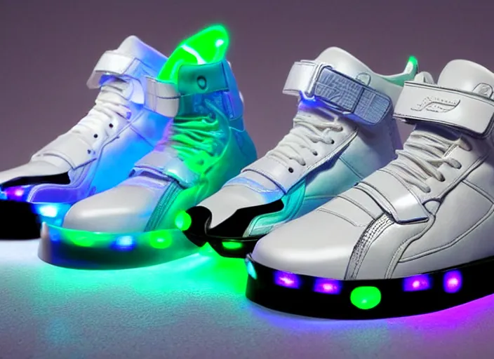 Image similar to generative design sneakers with led skin in the style of cyberdog, product shot, dynamic neon lighting