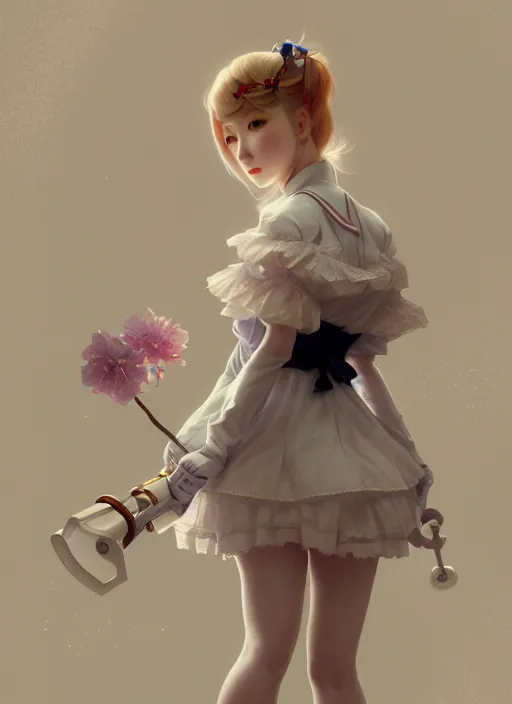 Image similar to symmetry!! portrait of a pretty japanese girl with blonde hair dressed as a french maid skateboarding, elegant, highly detailed, digital painting, 8 k, concept art, smooth, sharp focus, illustration, ethereal, misty, octane render, by ruan jia and greg rutkowski and alphonse mucha