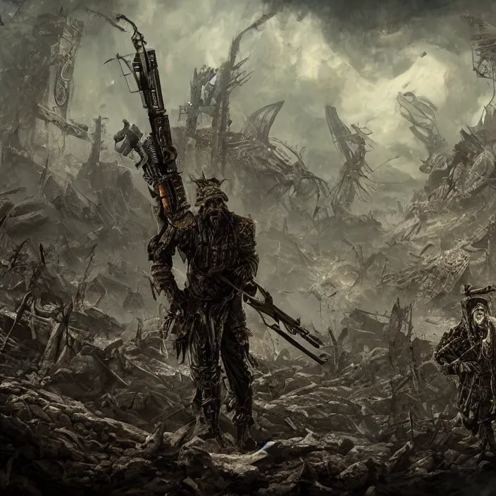 Image similar to apocalyptic man surrounded by weaponry, hyper - detailed, smooth, sharp focus, 4 k ultra hd, fantasy dark art, apocalyptic art