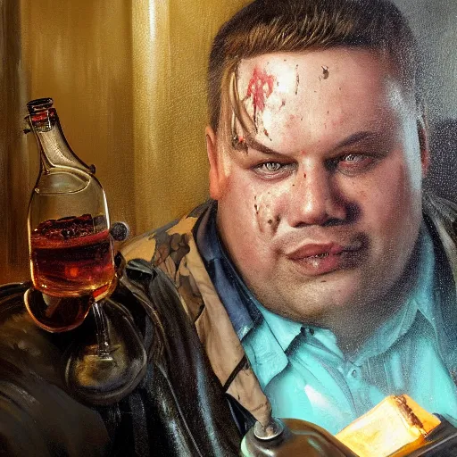 Prompt: closeup portrait of an overweight barkeeper with a prosthetic robot arm, decayed teeth, ratz, neuromancer, bar background, painted by greg rutkowski, painted by igor kieryluk, high detail, dramatic light, digital art, trending on artstation