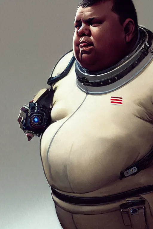 Image similar to upper body portrait of a morbidly obese man wearing leather spacesuit, bionic eye, detailed, illustration by normal rockwell, artstation character art, john william waterhouse, concept art, greg rutkowski