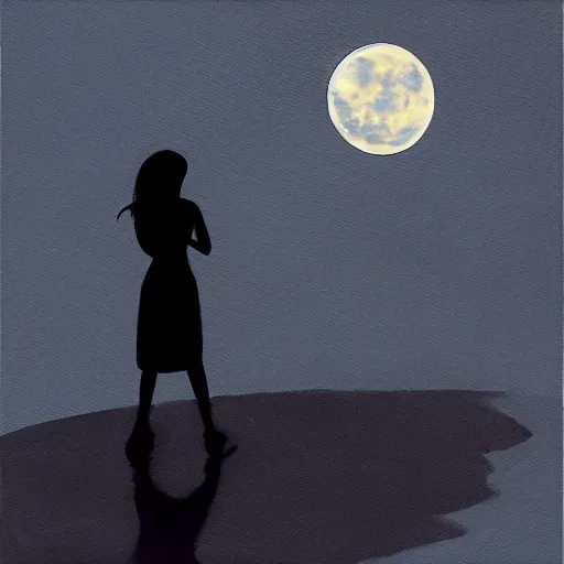 Prompt: a blue and black painting of a woman silhouetted by a full moon. Trending on ArtStation