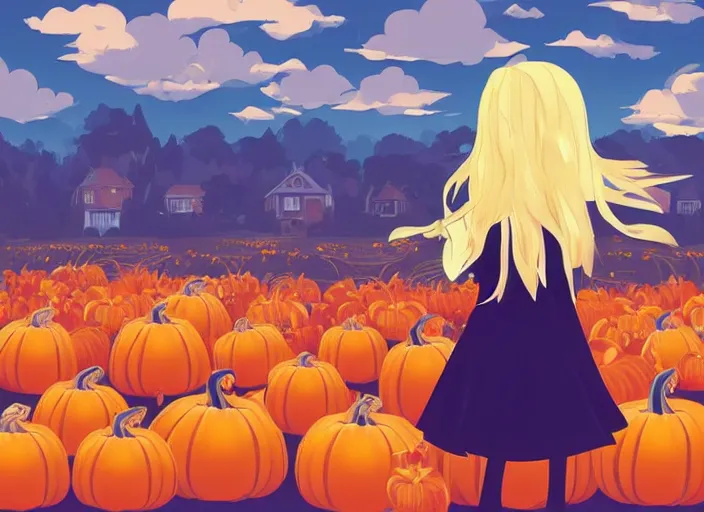 Image similar to little girl with long blonde hair visiting a pumpkin patch. she is facing away from the viewer. clean cel shaded vector art. shutterstock. behance hd by lois van baarle, artgerm, helen huang, by makoto shinkai and ilya kuvshinov, rossdraws, illustration, art by ilya kuvshinov