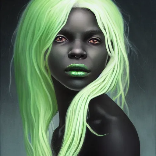 Prompt: a detailed matte oil on canvas head on symmetrical portrait of black skinned woman with! long white hair! and ( pale green ) hair, green eyes, wearing a dark cotton shirt by charlie bowater, lise deharme, wlop, trending on artstationhd, dungeons and dragons art critical role