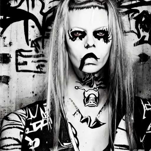 Image similar to die antwoord yolandi portrait, back and white, zef design graffiti in the background, dark lighting, freaky, digital art