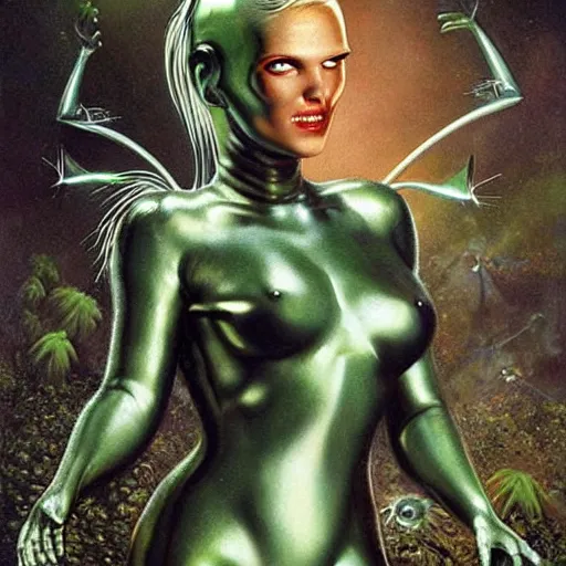 Prompt: beautiful alien extraterrestrial species female babe, in a tight fitting silver metallic bikini spacesuit, bare midriff, big silver head with eyestalk antennae, eyeballs on stalk antennae, green skinned, big black almond shaped alien eyes, volcanic background, by Mort Kunstler and Gil Elvgren