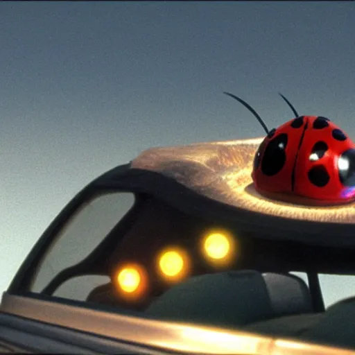 Image similar to film still, baby evil ladybugs, ladybug quadruped with big rgb eyes, huge ladybug mothership, epic road - trip, dramatic lighting, ( e. t. the extra - terrestrial ), batteries not included, harry potter, imax, 7 0 mm.