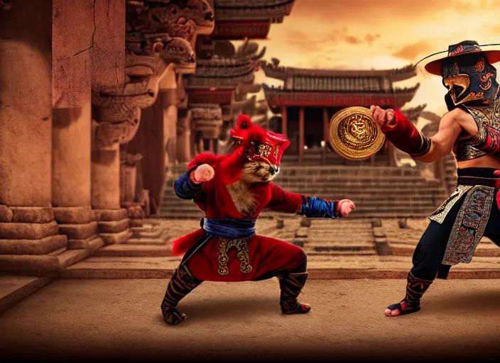 Image similar to hamster dressed as shao khan fights a cat dressed as kung lao in mortal kombat on the background of an ancient temple. fantasy magic style. highly detailed 8 k. intricate. lifelike. soft light. sony a 7 r iv 5 5 mm. cinematic post - processing