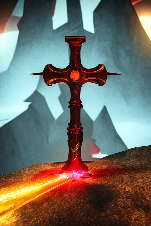 Image similar to game - icon of medieval sword and axe crossed on a prism, red powerful fantasy epic legends, game icon stylized, digital illustration radiating, a glowing aura, global illumination, ray tracing, 8 k high definition, intricate details, octane render, unreal engine, trending on arstation