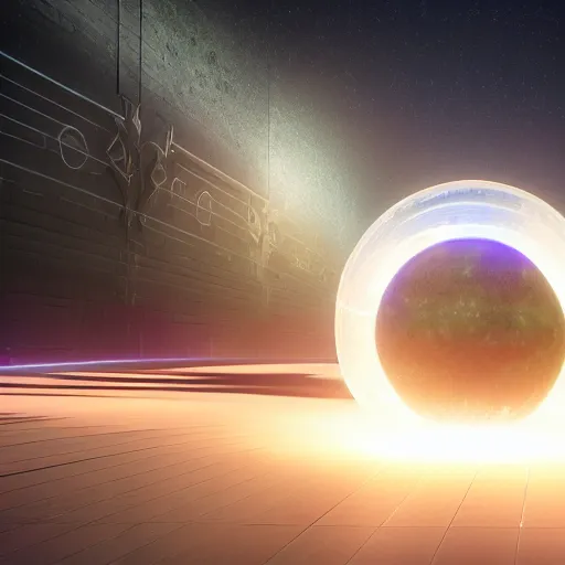 Image similar to a glowing orb of energy floating in mid - air, the inside is like a giant star - gate with portals to other spaces and dimensions, 8 k octane beautifully detailed render, post - processing